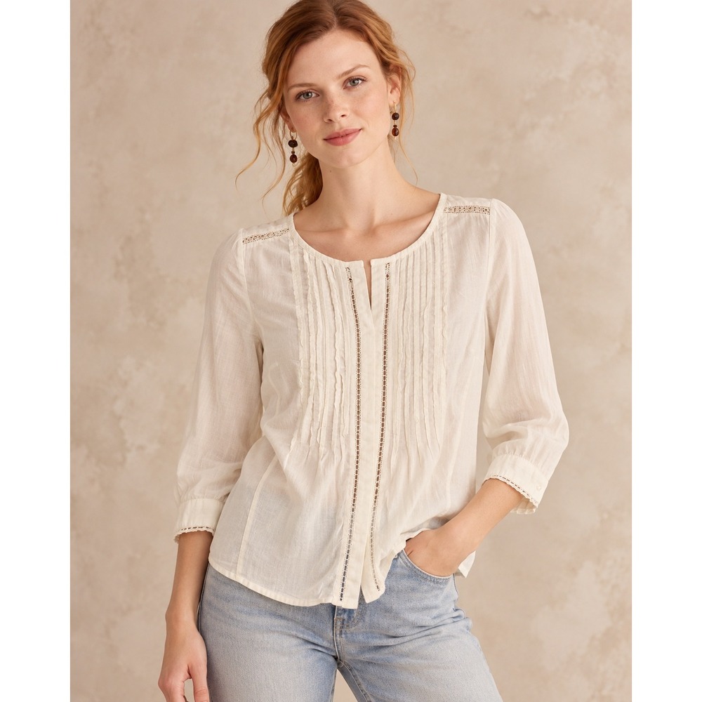 Meadow Rue Anthropologie Ivory Pintuck Lace Boho Blouse Size 6 Cotton